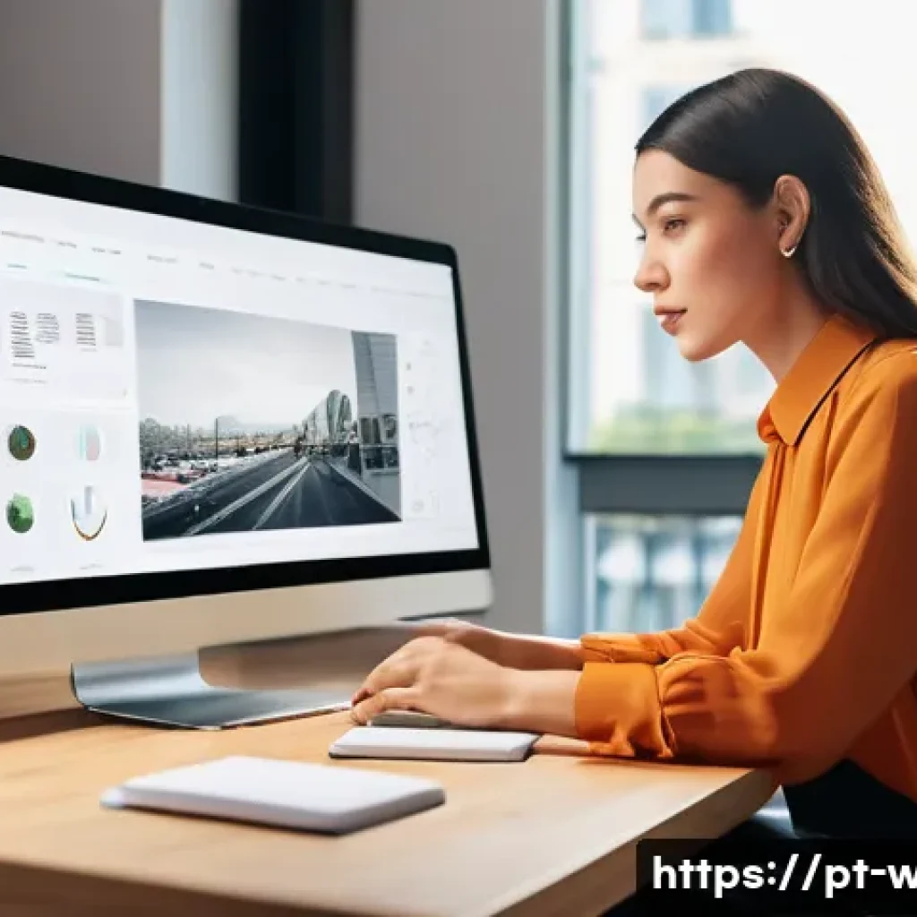 웹디자인 취업 포지션 종류 - A professional, well-dressed female web designer, in her late 20s, wearing business casual attire in...