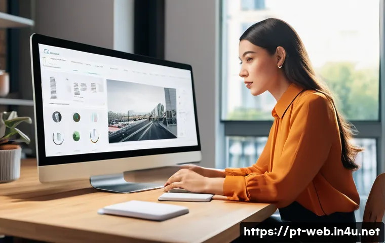 웹디자인 취업 포지션 종류 - A professional, well-dressed female web designer, in her late 20s, wearing business casual attire in...