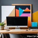 Home 21 웹디자인에서 창의성 키우기 - A vibrant and modern web design studio workspace inspired by multidisciplinary creativity, featuring...