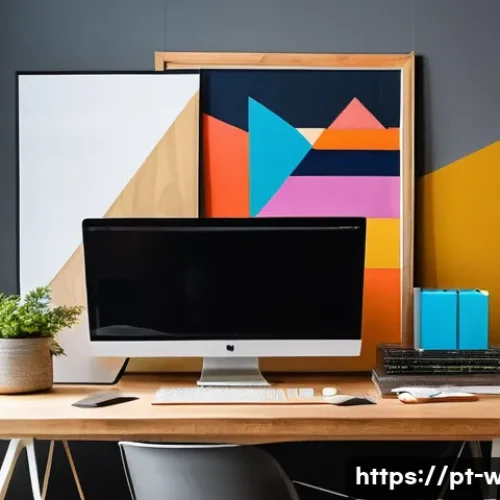 Home 33 웹디자인에서 창의성 키우기 - A vibrant and modern web design studio workspace inspired by multidisciplinary creativity, featuring...