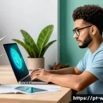 Home 20 웹디자인 단기 취업 과정 - A modern workspace scene showing a young Brazilian web designer working intensely on a laptop, surro...