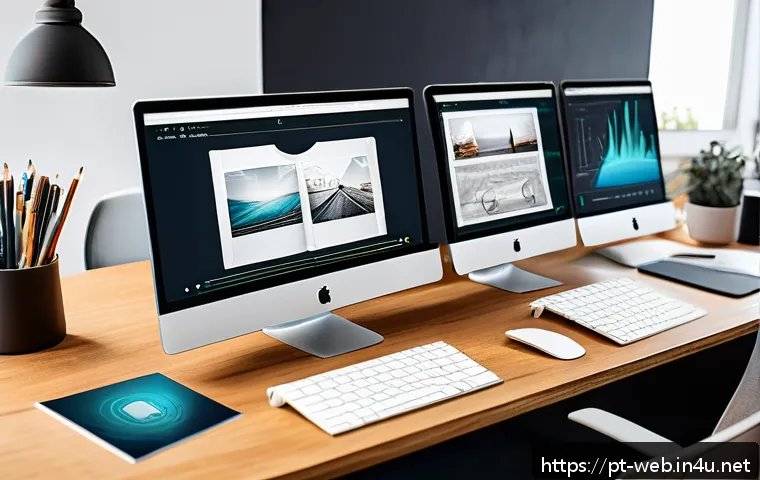 웹디자인 경력직 이직 팁 - A professional web designer&rsquo;s modern workspace featuring dual monitors displaying a sleek portfolio ...