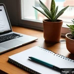 Home 23 웹디자인 업무 일지 작성법 - A cozy creative workspace featuring a clean, organized desk with a physical notebook open beside a m...