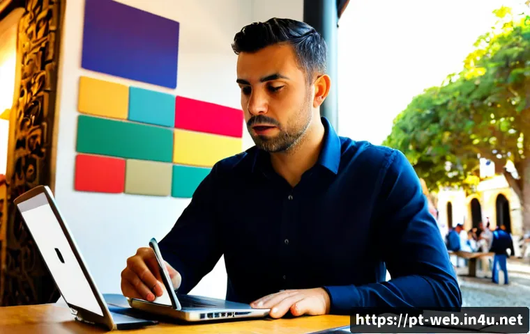 웹디자인 실패 사례와 교훈 - Photorealistic Portuguese small-business owner in a bright Lisbon-style café reviewing a poorly desi...