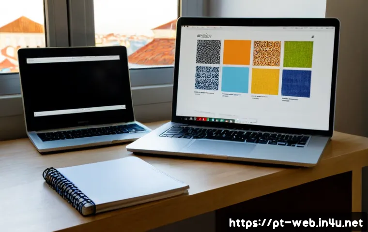 웹디자인 자격증 이론 정리 - Photorealistic study desk for a Portuguese web design certification theory review, open laptop displ...