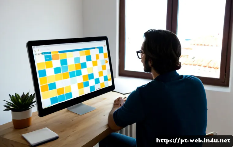 Home 17 웹디자인 트렌드 따라잡기 - Photorealistic modern web designer workspace in Lisbon, Portugal, viewed over the shoulder of a desi...
